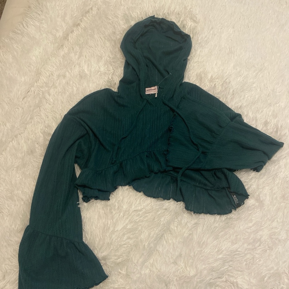 Teal Ruffled Cropped Hoodie Urban Outfitters